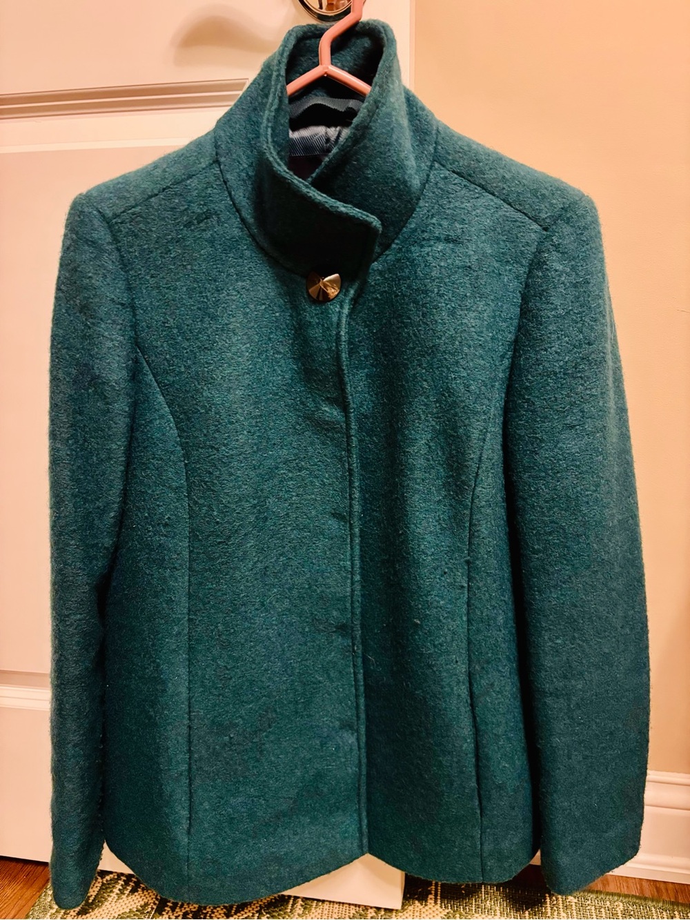 Womens Teal Wool Blend Stand-Collar Coat